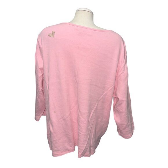 Quacker Factory Pink 2X Womens Rhinestone Heart Embellished Cotton Scoop Neck 3/ - Picture 8 of 9